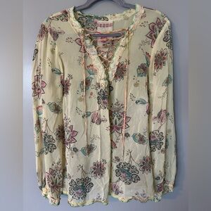 Johnny Was Cream Floral Lace-Up Blouse